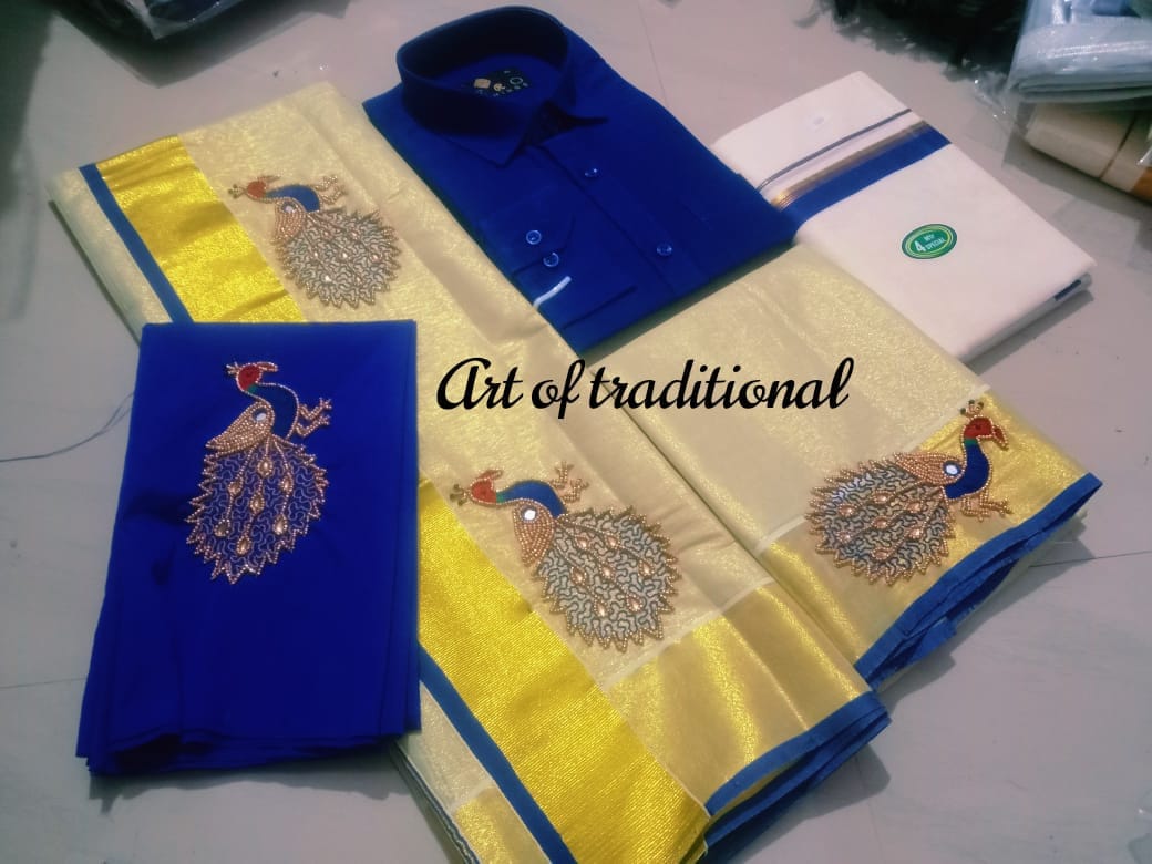 Onam Dress, Golden Tissue handworked set mundu with Blouse material or ready to wear blouse and Shirt Dhoti Combo ,Kerala, Onam set mundu