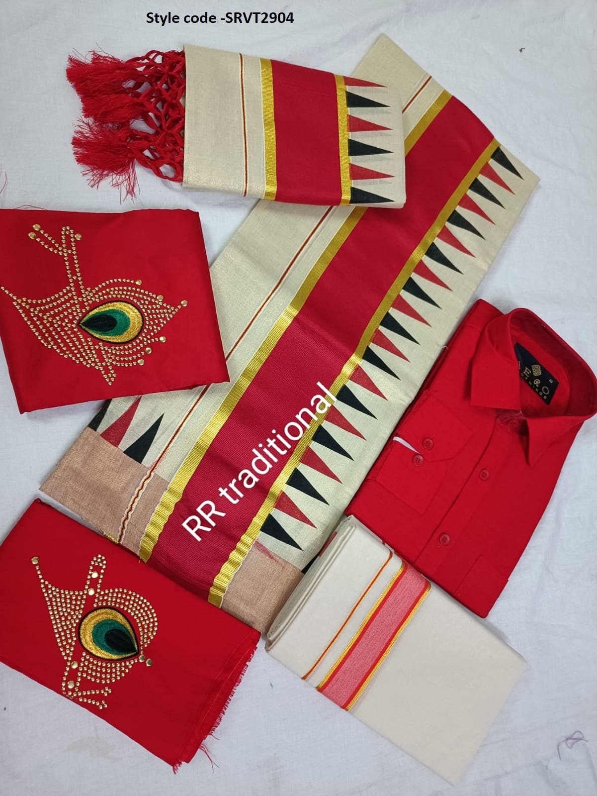 Golden Tissue Double color Temple print set mundu with Blouse material or ready to wear blouse and Shirt Dhoti Combo ,Kerala, Onam,Birthday