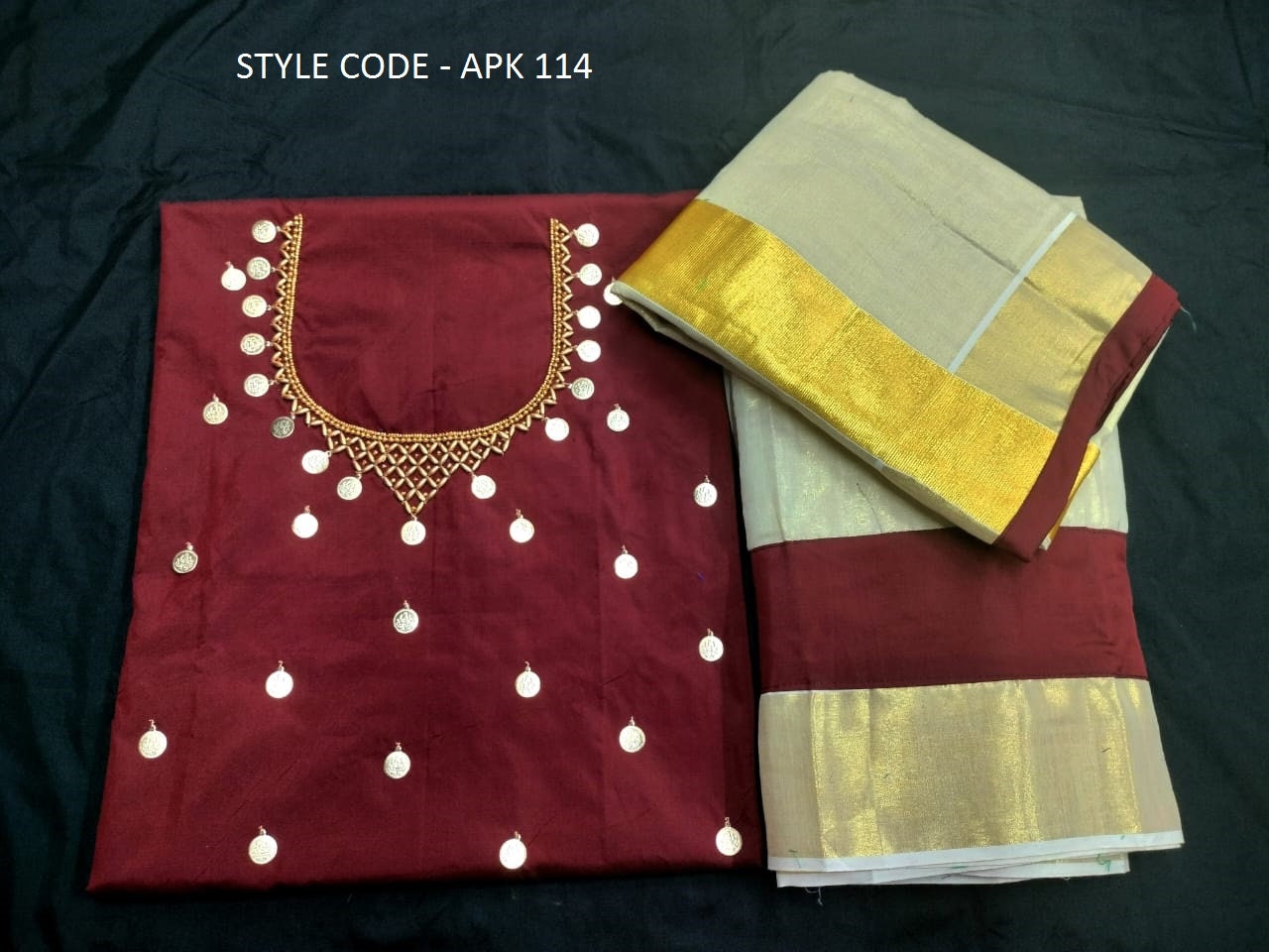 Kerala Golden Tissue Neck worked Dhavani / Lehanka Material ,Skirt stitched and Blouse material or Stitched Blouse, Kerala Tradition, Onam