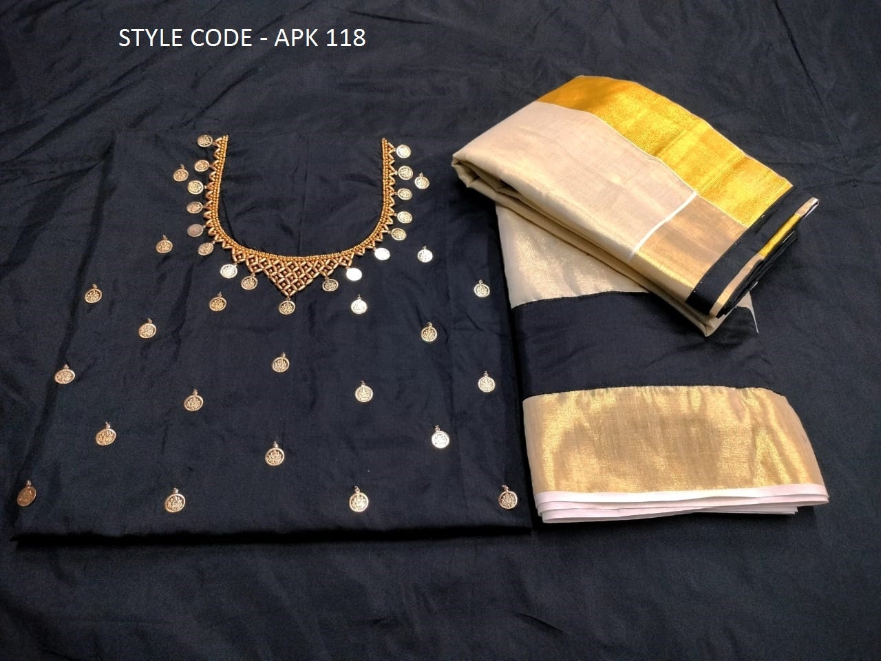 Kerala Golden Tissue Neck worked Dhavani / Lehanka Material ,Skirt stitched and Blouse material or Stitched Blouse, Kerala Tradition, Onam