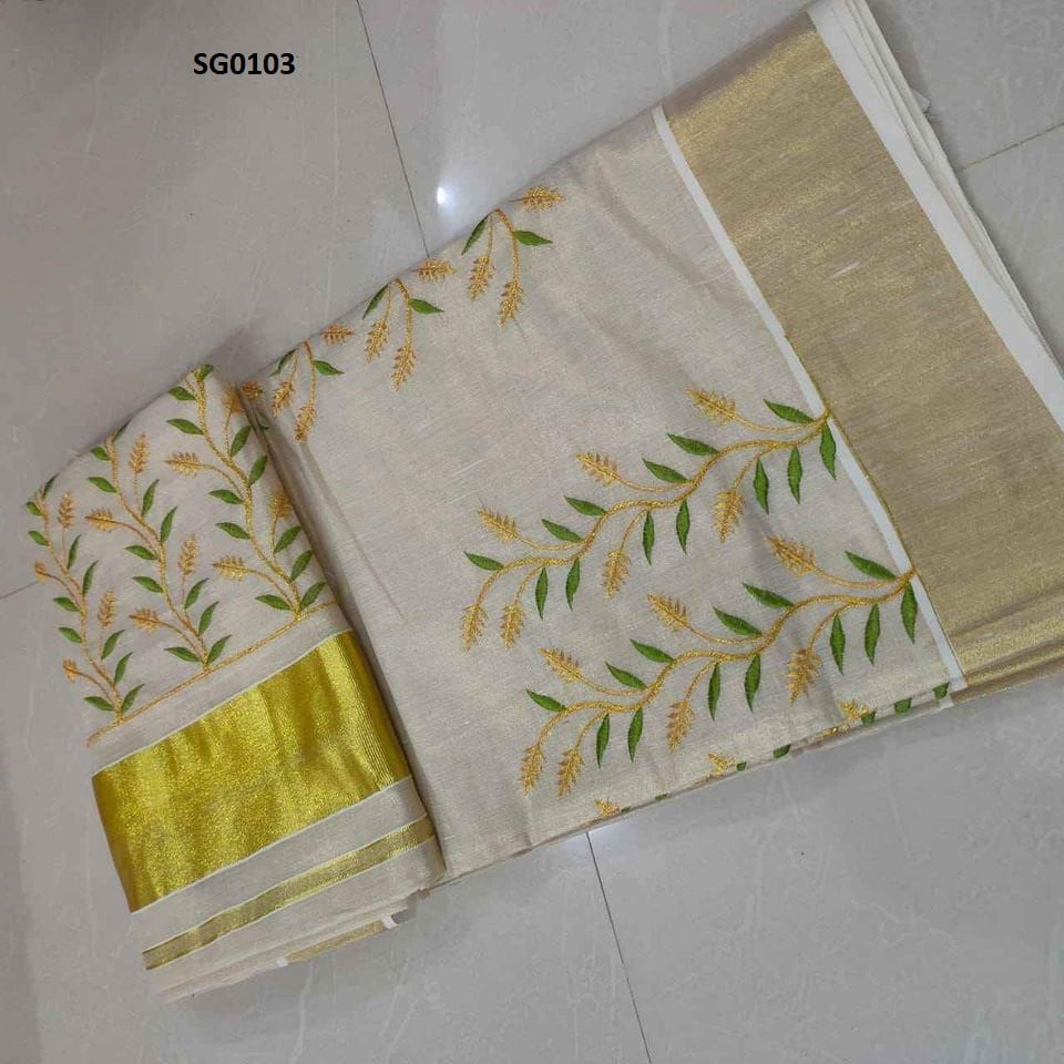 Kerala Traditional Full tissue Embroidery Saree with Stitched Blouse /Handmade designs /Indian traditional Onam, Vishu, Festival wear