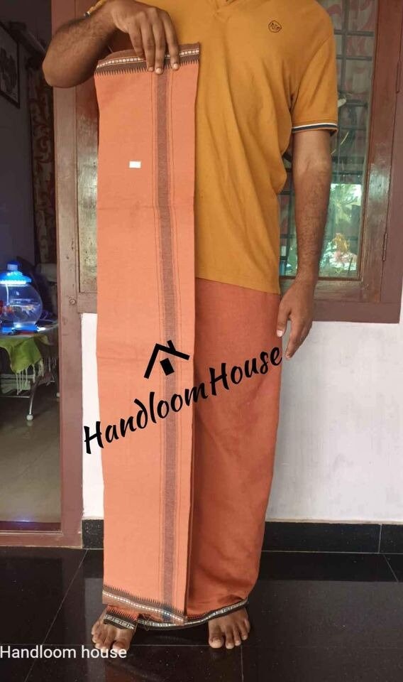 Men's Cotton Kerala's Kavi/Saffron Dhothi , Saffron Bath towel, Mundu for pooja occasion, Home Wear Dhoti ,Temple /Devotional Wear