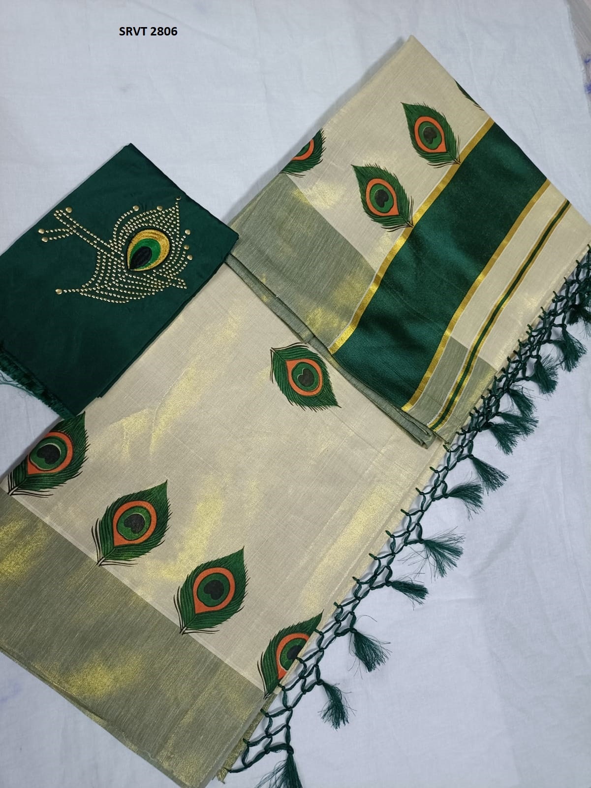 Peacock Feather printed Golden Border Women's Tissue Kerala Set Saree / Indian traditional women clothing/ Handmade design, Vishu Onam wear