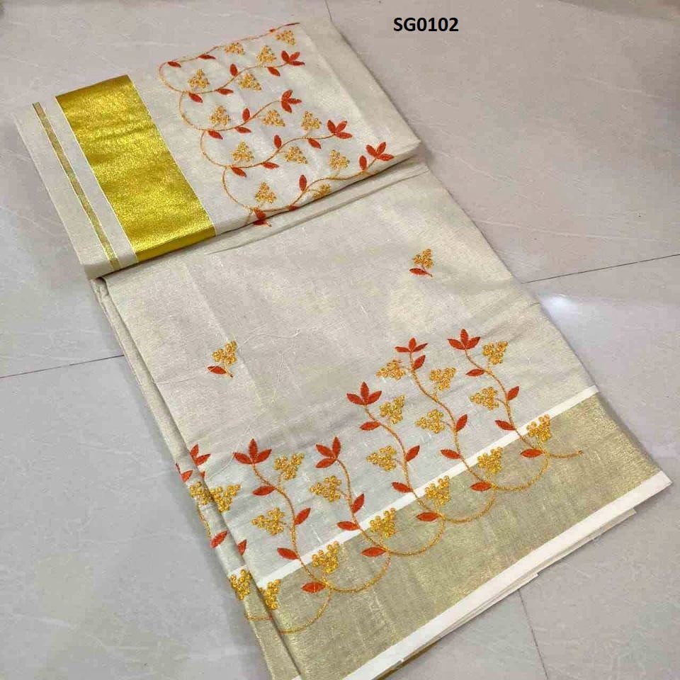Kerala Traditional Full tissue Embroidery Saree with Stitched Blouse /Handmade designs /Indian traditional Onam, Vishu, Festival wear
