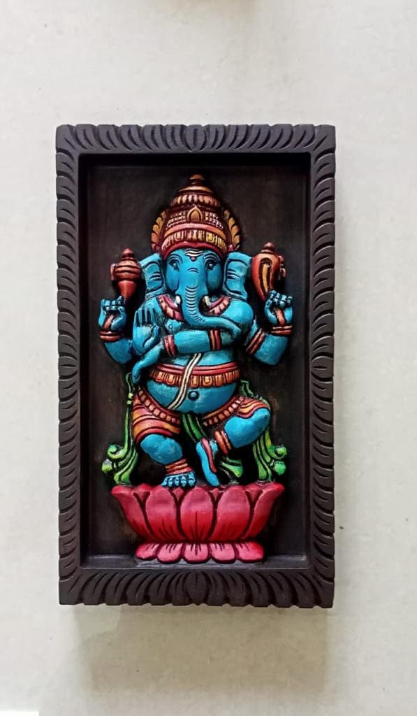 Wooden Wall panel with God Ganesh ,Divine vinayaka with 4 hands in dancing form ,For Pooja room & Door Entrance of House, Wall Decor