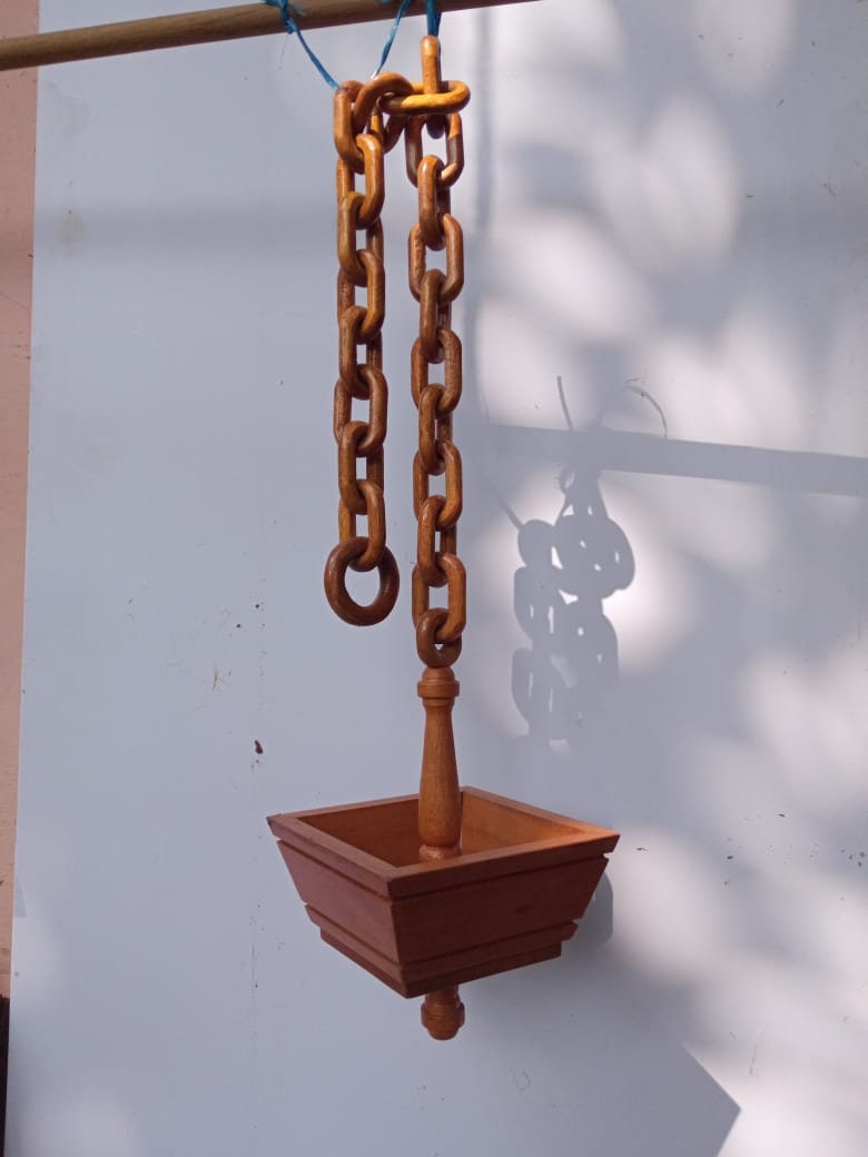 Kerala Bhasma kotta in Wood with wooden chain , Traditional wooden basket for Ashes,Vibhooti box, Bhasma thattu- 33 inch Height,