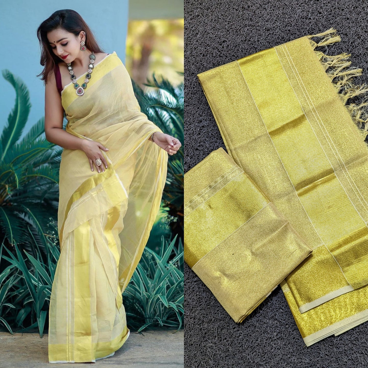 Golden bridal tissue set mundu with tussels 2.80 /Stitched or Non Stitched Blouse /Indian traditional / Handmade designs/Vishu/Onam Dress