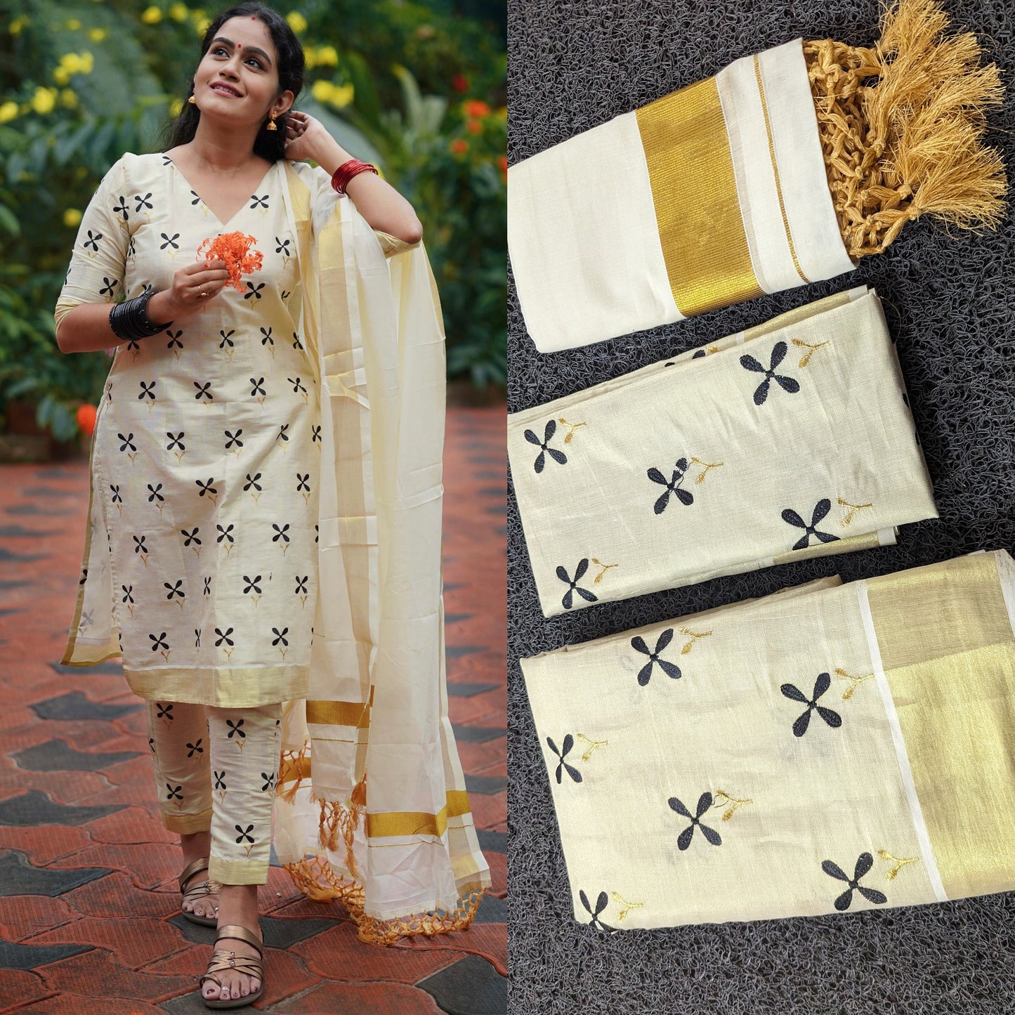 Small flower embroidered golden tissue chuidar set material/ stitched, Vishu, Pooja, Marriage, Birthday Wear, Kasavu Set Salwar