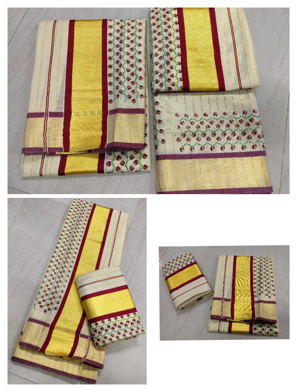 Fancy Tissue Strips With Rose Printed Set Mundu with Blouse material or ready to wear blouse Kerala, Onam,Vishu,Birthday