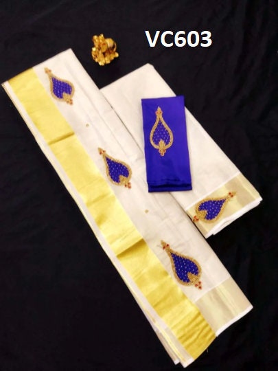 Kerala Tissue Set Mundu with Blouse Material / Indian traditional women clothing/ Handmade designs/ Onam Vishu Festival Special wear