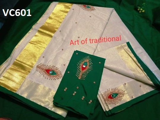 Kerala Tissue Set Mundu with Blouse Material / Indian traditional women clothing/ Handmade designs/ Onam Vishu Festival Special wear