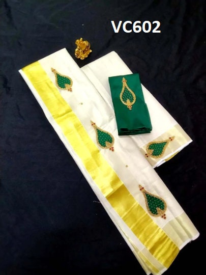 Kerala Tissue Set Mundu with Blouse Material / Indian traditional women clothing/ Handmade designs/ Onam Vishu Festival Special wear