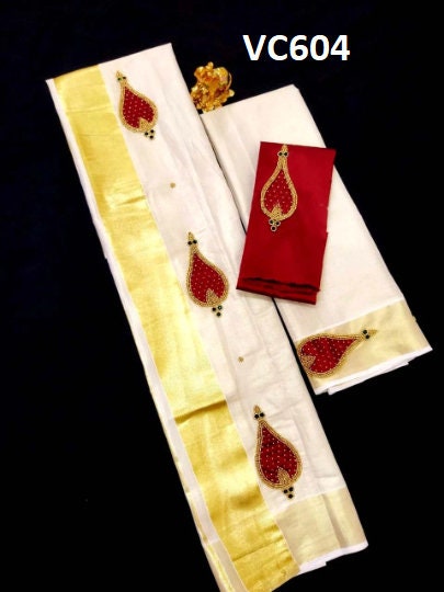 Kerala Tissue Set Mundu with Blouse Material / Indian traditional women clothing/ Handmade designs/ Onam Vishu Festival Special wear