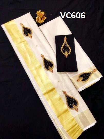 Kerala Tissue Set Mundu with Blouse Material / Indian traditional women clothing/ Handmade designs/ Onam Vishu Festival Special wear