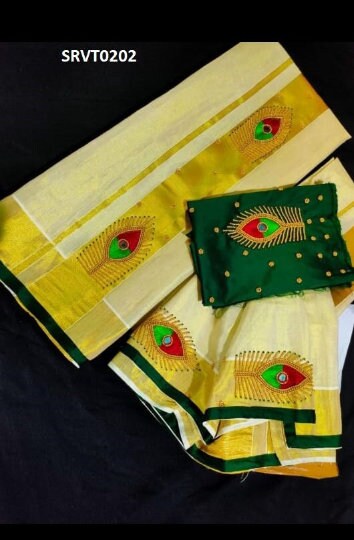 Premium Quality Kerala Golden Tissue Set Mundu with Blouse Material / Indian traditional women clothing/ Handmade designs/Vishu Onam wear