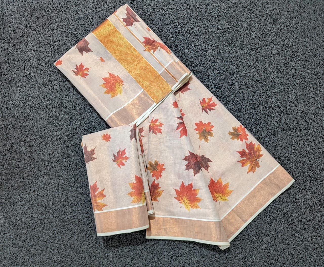 Kerala Copper Tissue maple leaf digital printed Saree 6.25 mtr, Kerala Saree, Vishu saree ,Onam Saree ,Party wear saree, Handmade designs