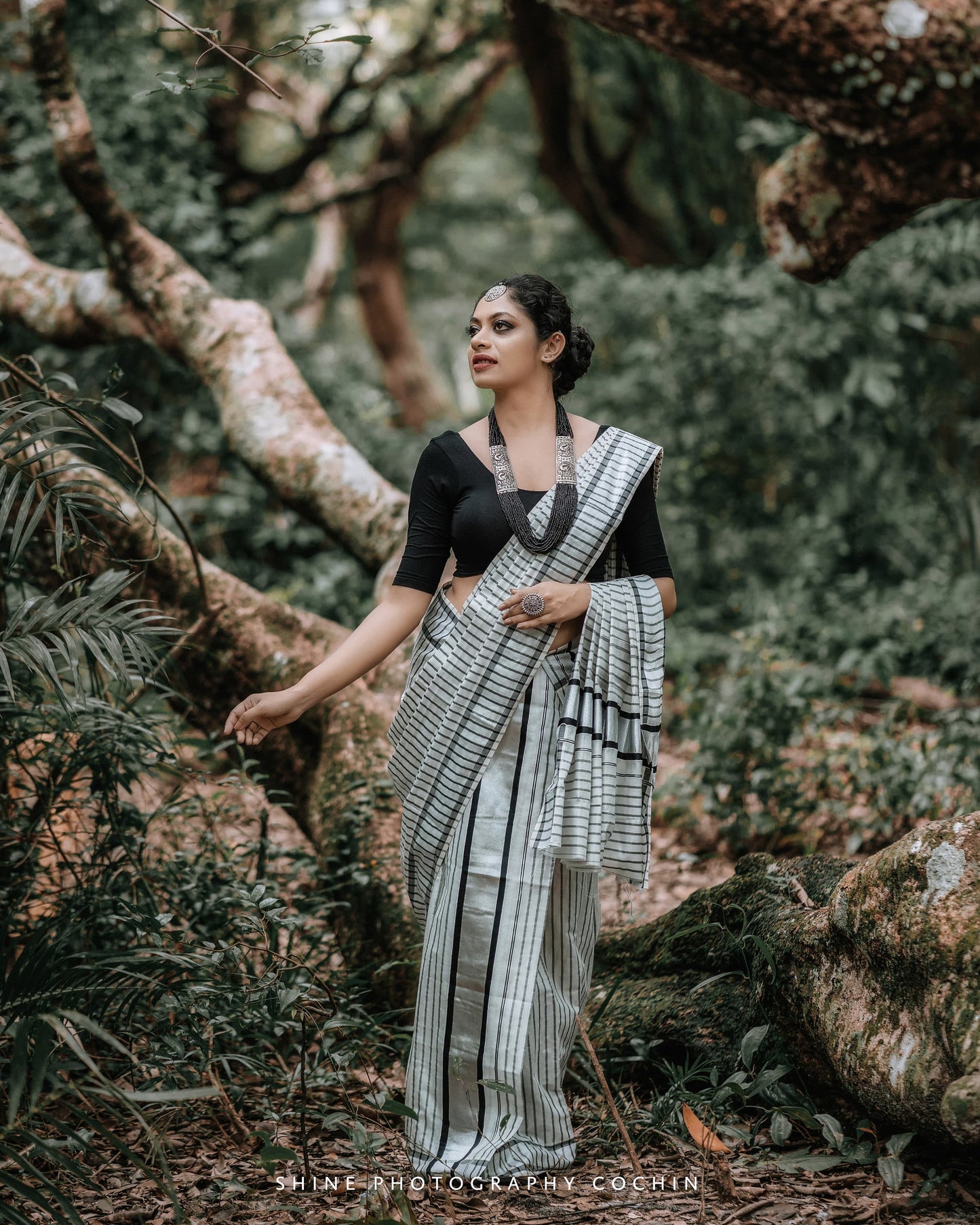 Kerala Special Silver and Black Tissue Lines Set Mundu 2.80 with Stitched Blouse or Blouse Material, Kerala Design / Vishu / Onam,