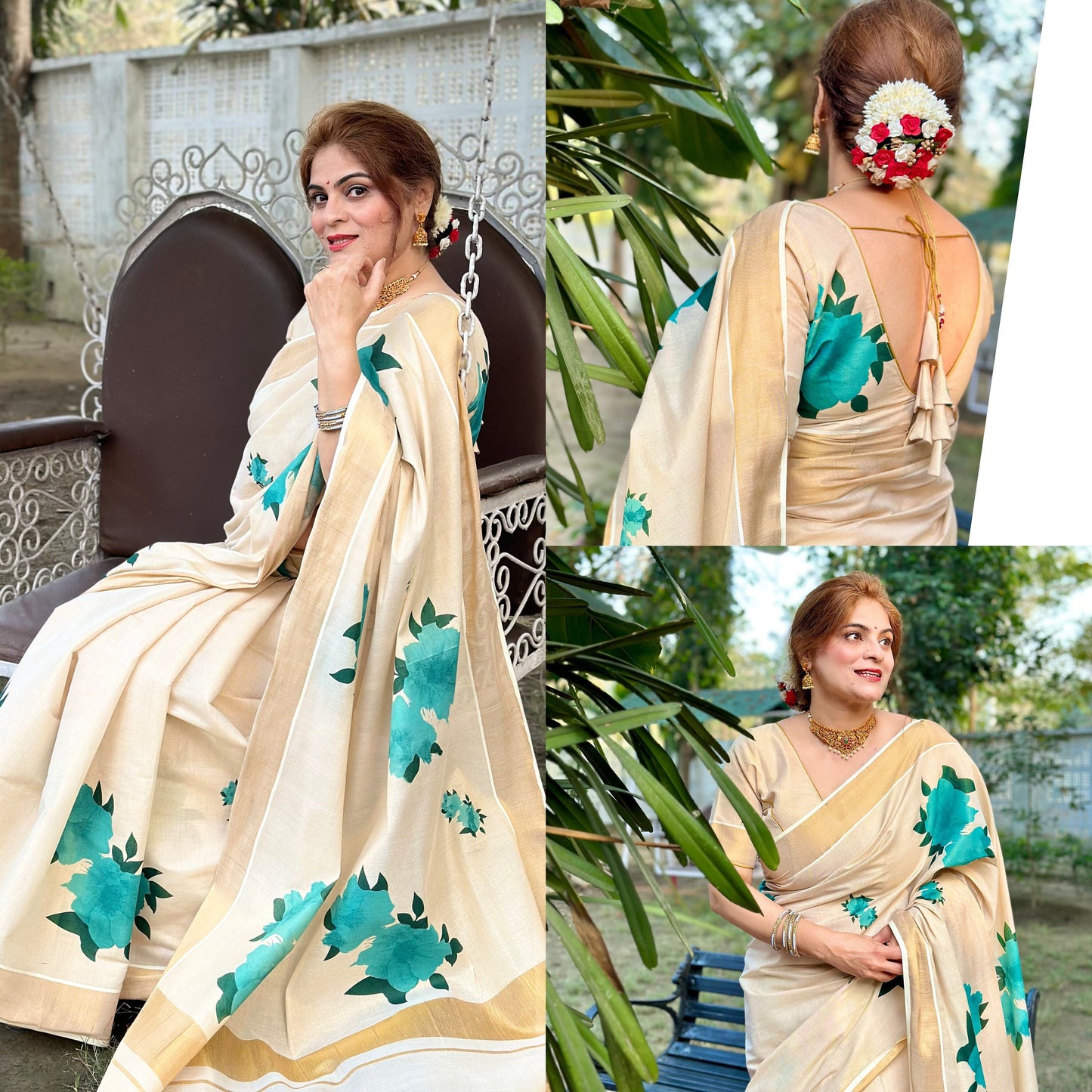 Kerala Digital Flower Print Golden Tissue Saree Handloom Shade Tissue 6.25 mtr, Kerala Saree, Vishu saree ,Onam Saree / Handmade designs
