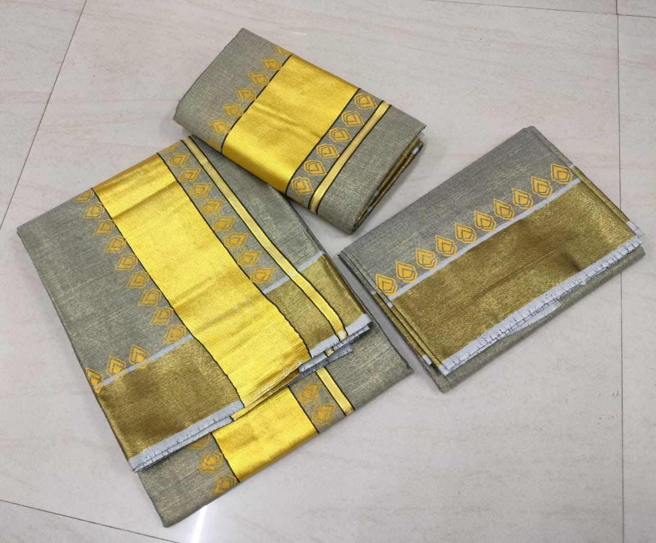 Kerala Special Golden Temple Print Color Tissue Set Mundu With Blouse 1 Mtrs ,Stitched Blouse or Blouse Material, Vishu,Onam,Birthday wear