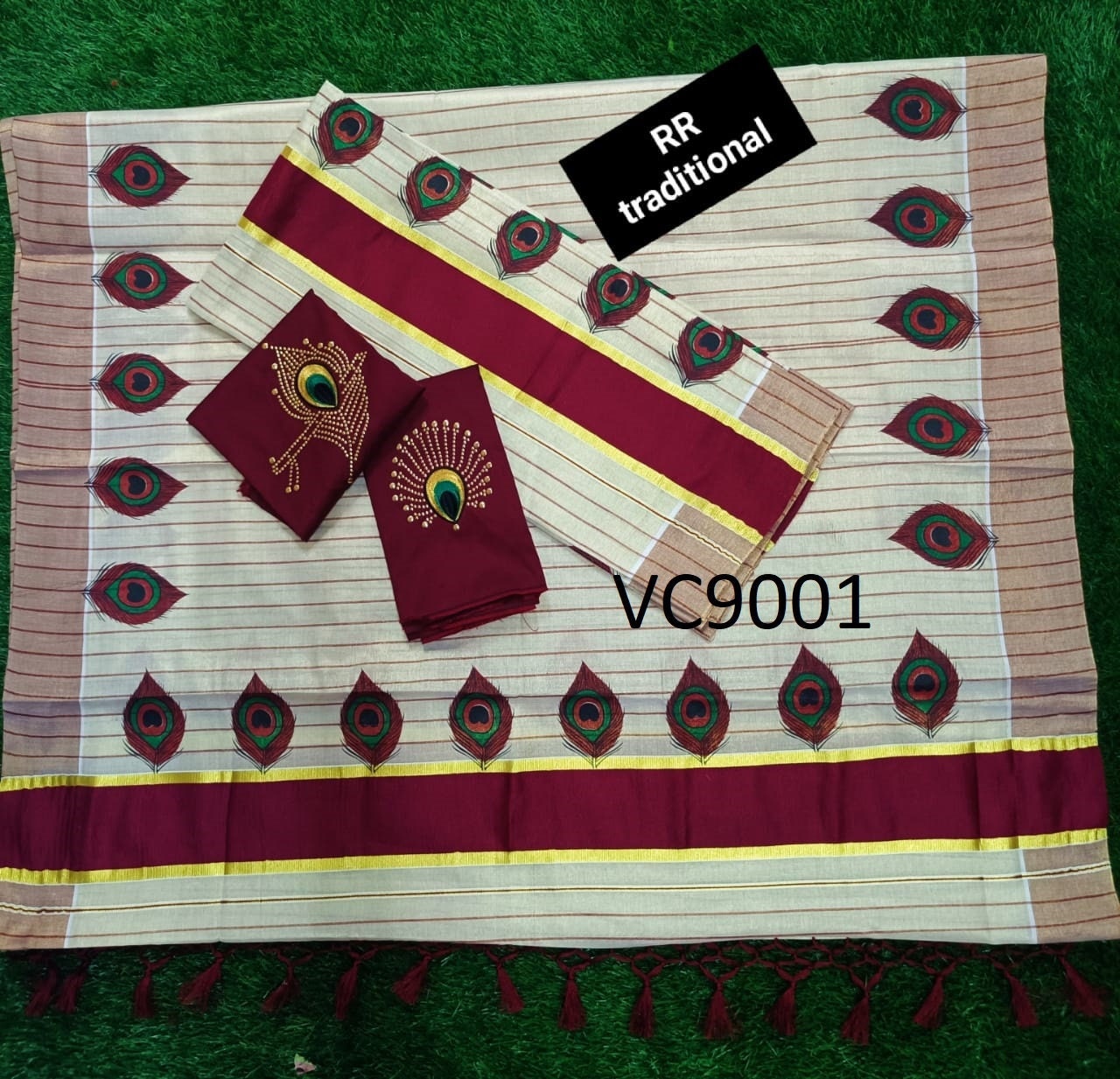 Kerala Special Tissue Color Full Line Peeli Printed Kunjalam Set mundu with Stitched Blouse/Non Stitched Material,Onam,Vishu,Pooja Wear