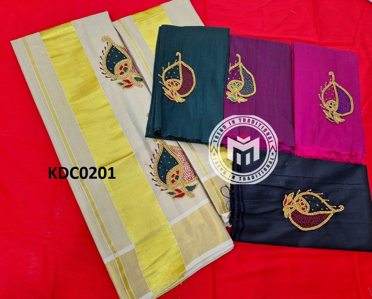 Kerala Special Golden Tissue Handwork Setmundu 2.80 With Stitched Blouse or Blouse Material,Beautiful Kerala Designs,Onam,Vishu,Pooja Wear.