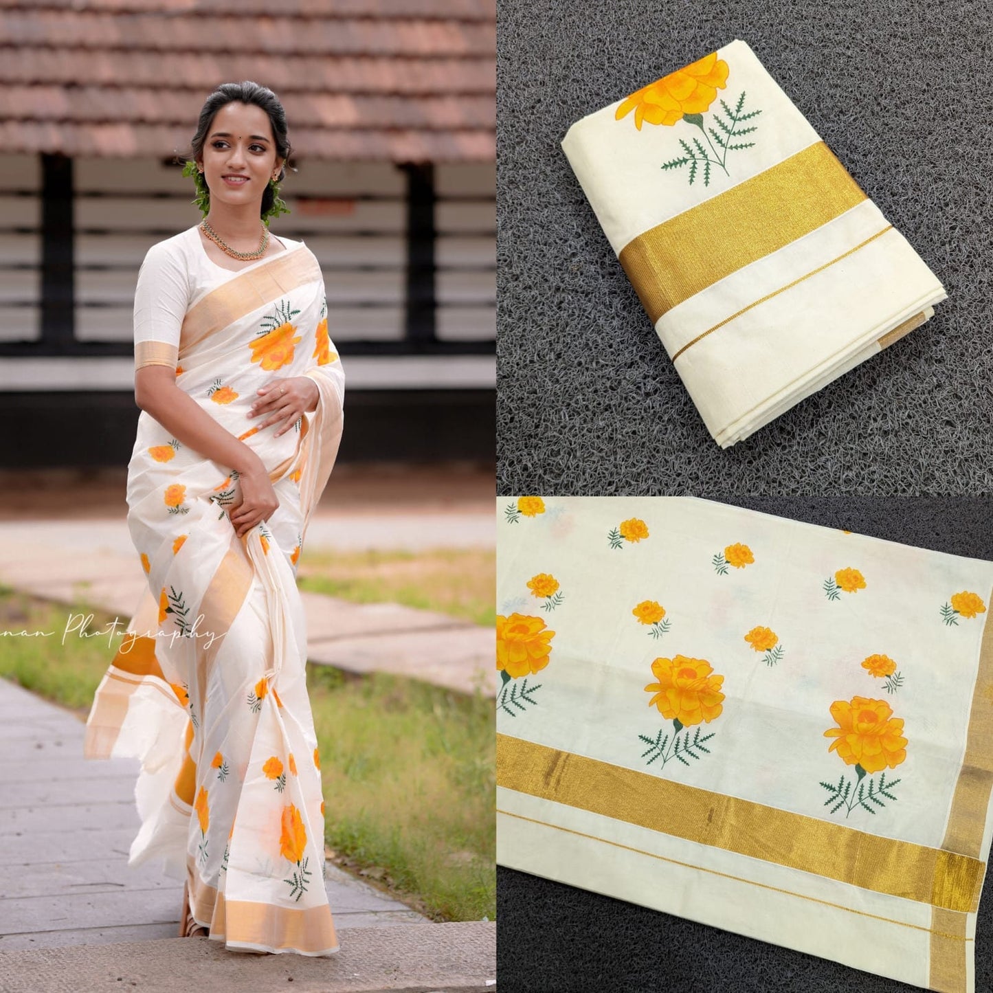 Kerala Chendumali/marigold Cotton saree 6.25 mtr, Kerala Saree, Vishu saree ,Onam Saree ,pooja occassions, party wear,Handmade designs