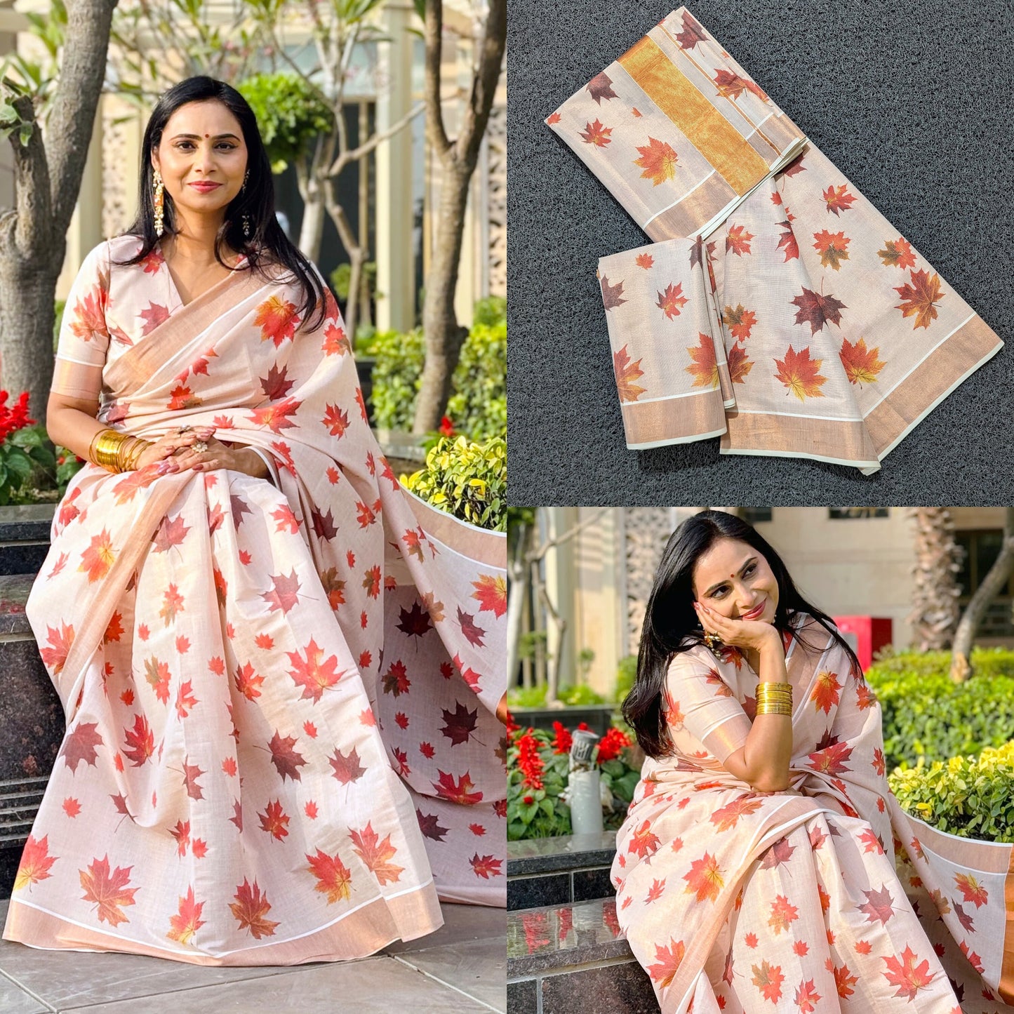 Kerala Copper Tissue maple leaf digital printed Saree 6.25 mtr, Kerala Saree, Vishu saree ,Onam Saree ,Party wear saree, Handmade designs