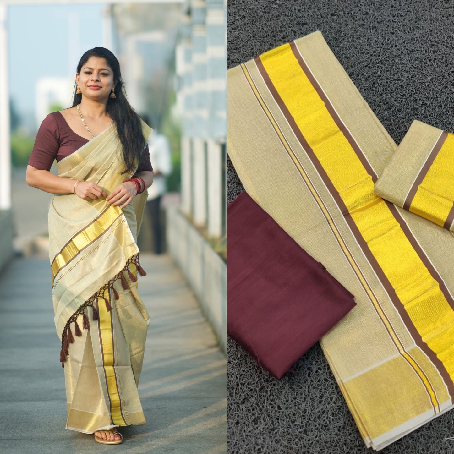 Kerala Special Coffee Colour Tissue Set mundu 2.80 with Stitched Blouse or Blouse Material, Tissue Set Mundu, Beautiful Kerala Designs.