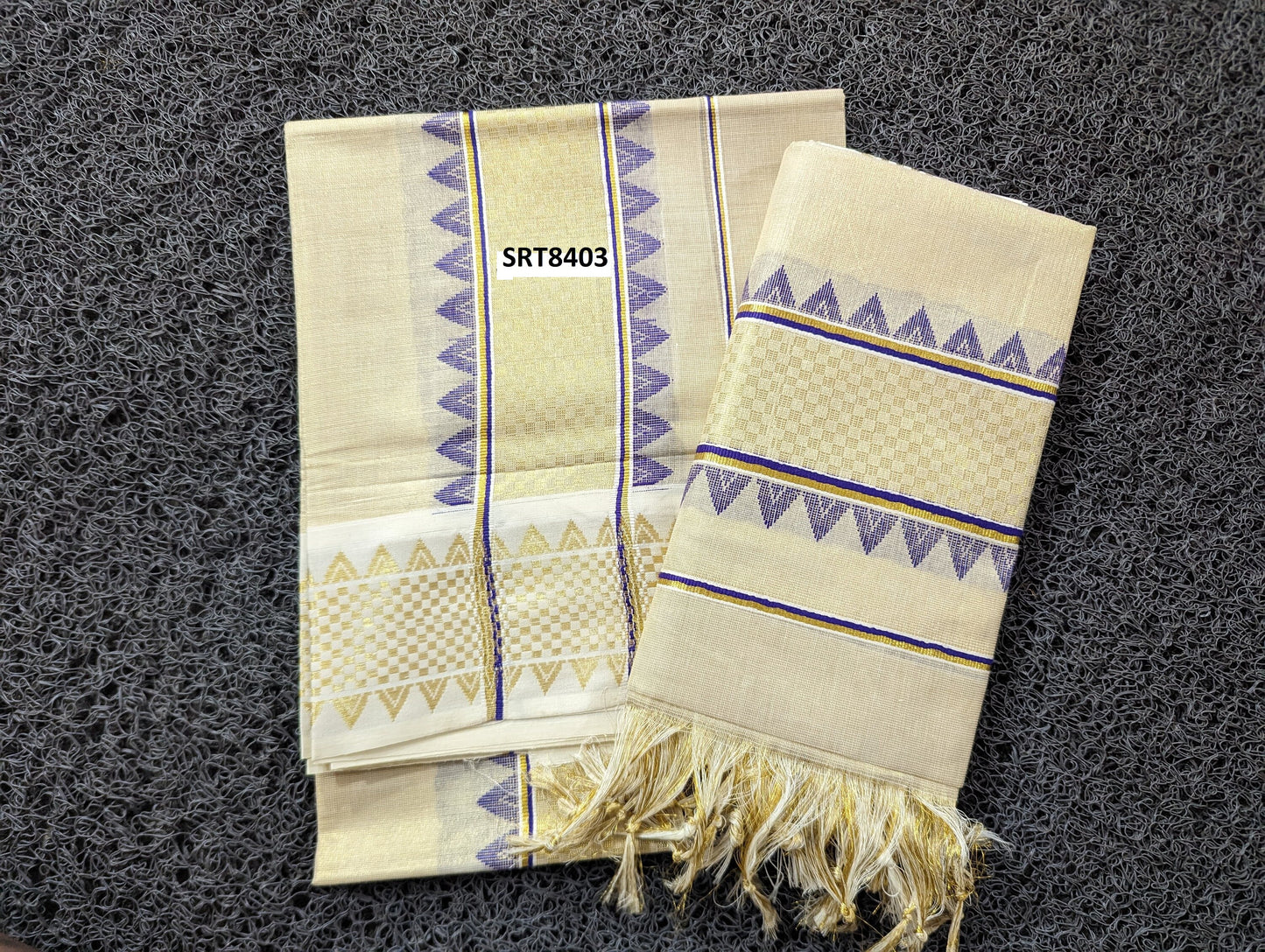 Kerala Special Golden Tissue Border Temple and Kara Work with Tussels Set Mundu 2.80 with Stitched Blouse or Blouse Material.