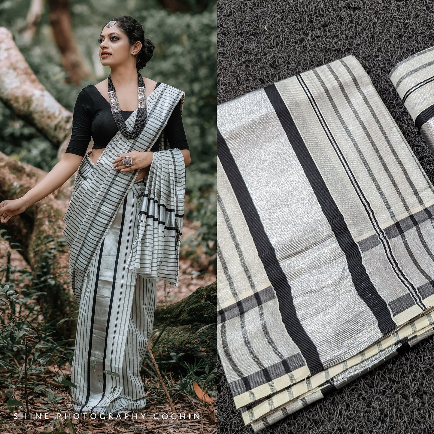 Kerala Special Silver and Black Tissue Lines Set Mundu 2.80 with Stitched Blouse or Blouse Material, Kerala Design / Vishu / Onam,
