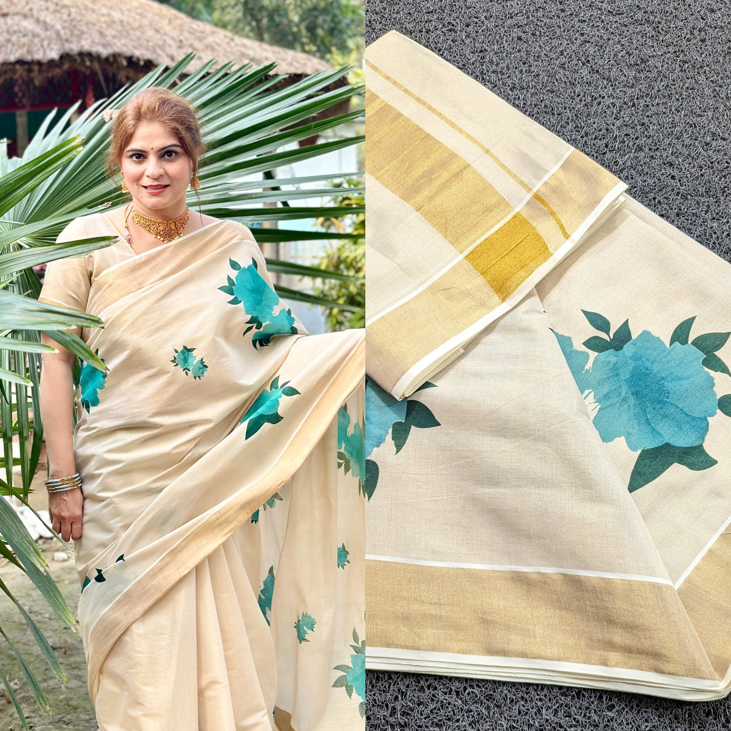 Kerala Digital Flower Print Golden Tissue Saree Handloom Shade Tissue 6.25 mtr, Kerala Saree, Vishu saree ,Onam Saree / Handmade designs