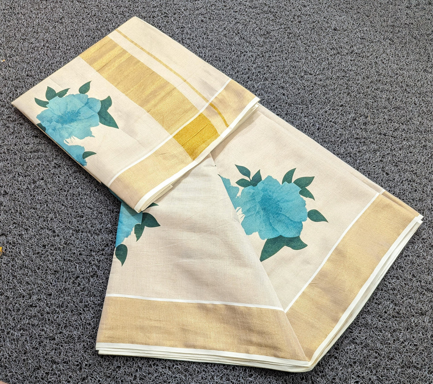Kerala Digital Flower Print Golden Tissue Saree Handloom Shade Tissue 6.25 mtr, Kerala Saree, Vishu saree ,Onam Saree / Handmade designs