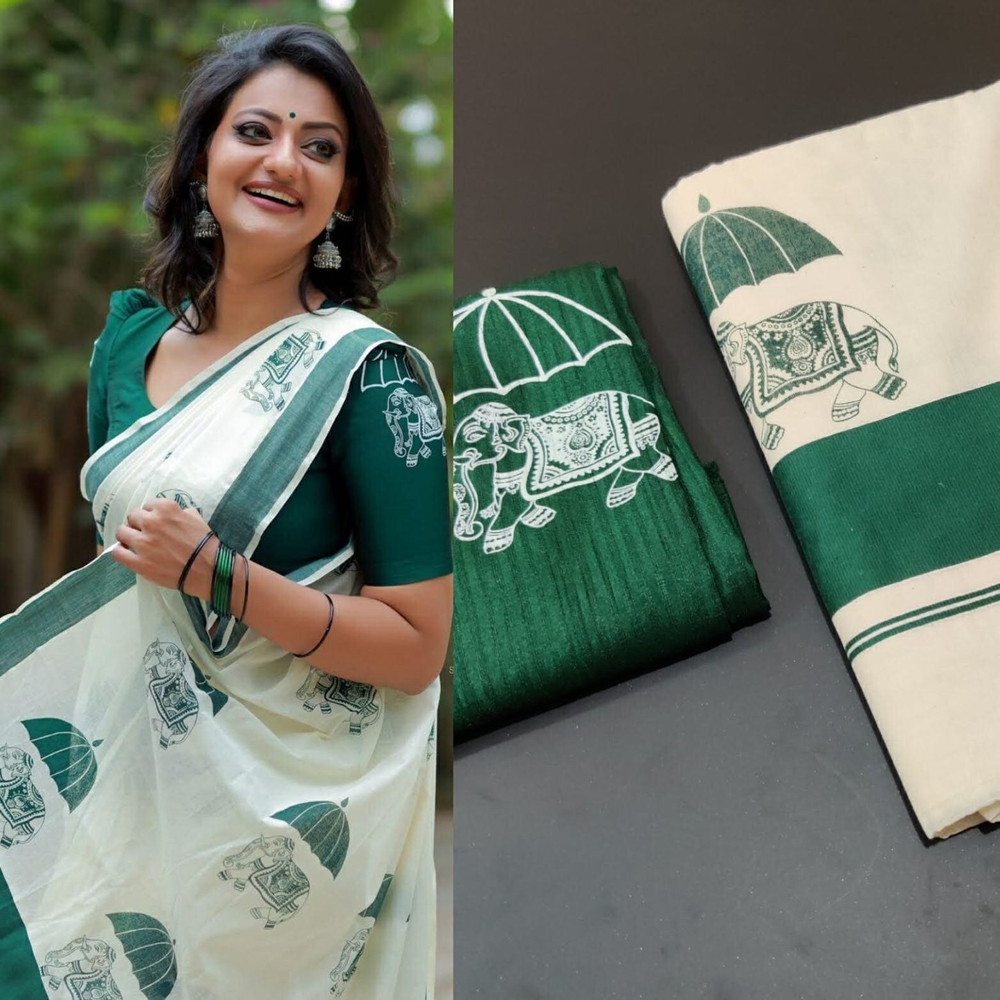 Kerala Bottle Green Elephant Print Cotton Saree 6.25 mtr with Blouse 1 mtr Printed Design, Kerala Saree, Vishu Saree ,Onam Saree , Pooja