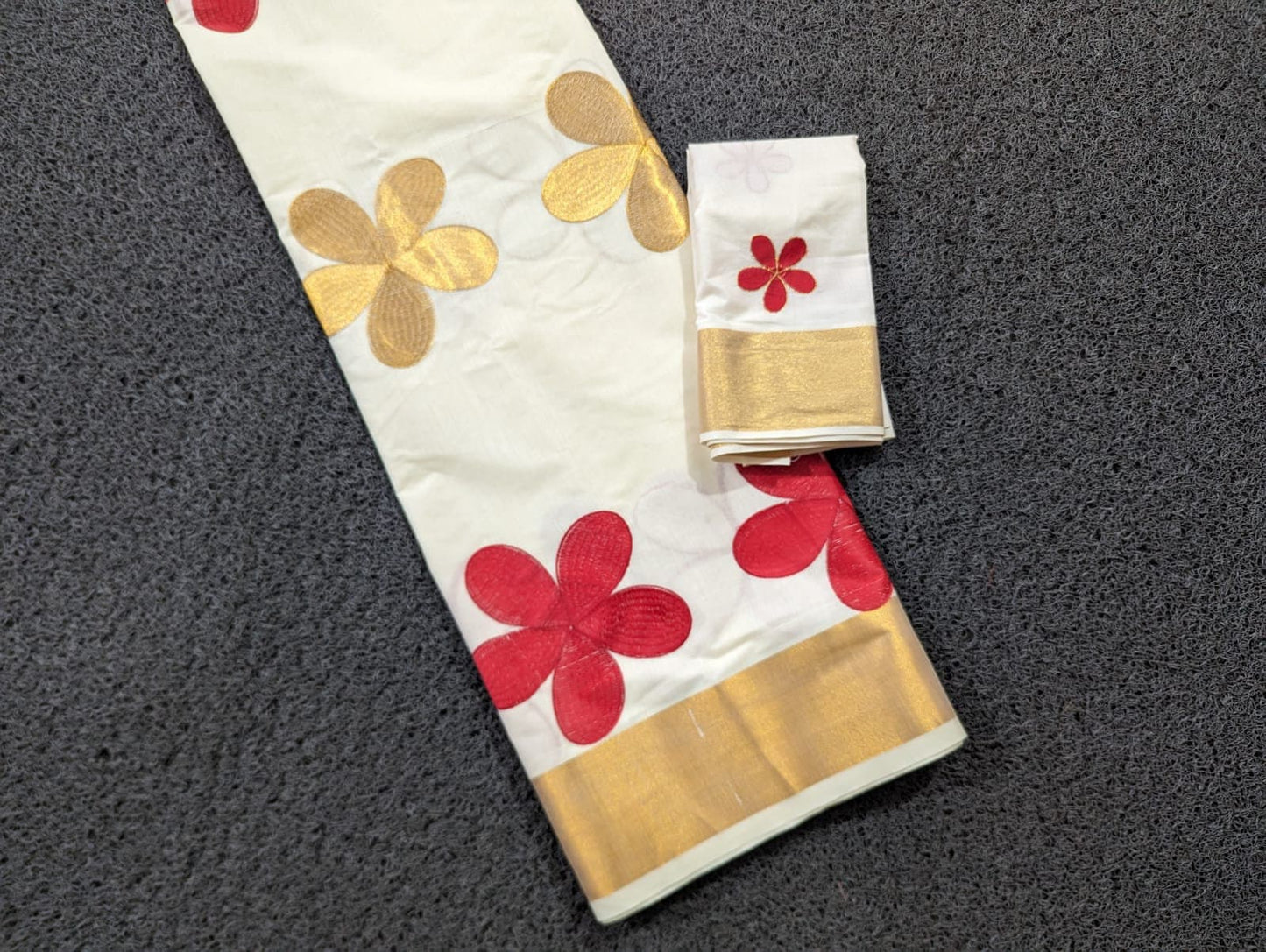 Big red and golden flowers Cotton pattu pavada Stitched or Blouse material ,Traditional Girls clothing,Handmade ,Onam, Christmas,Pooja wear