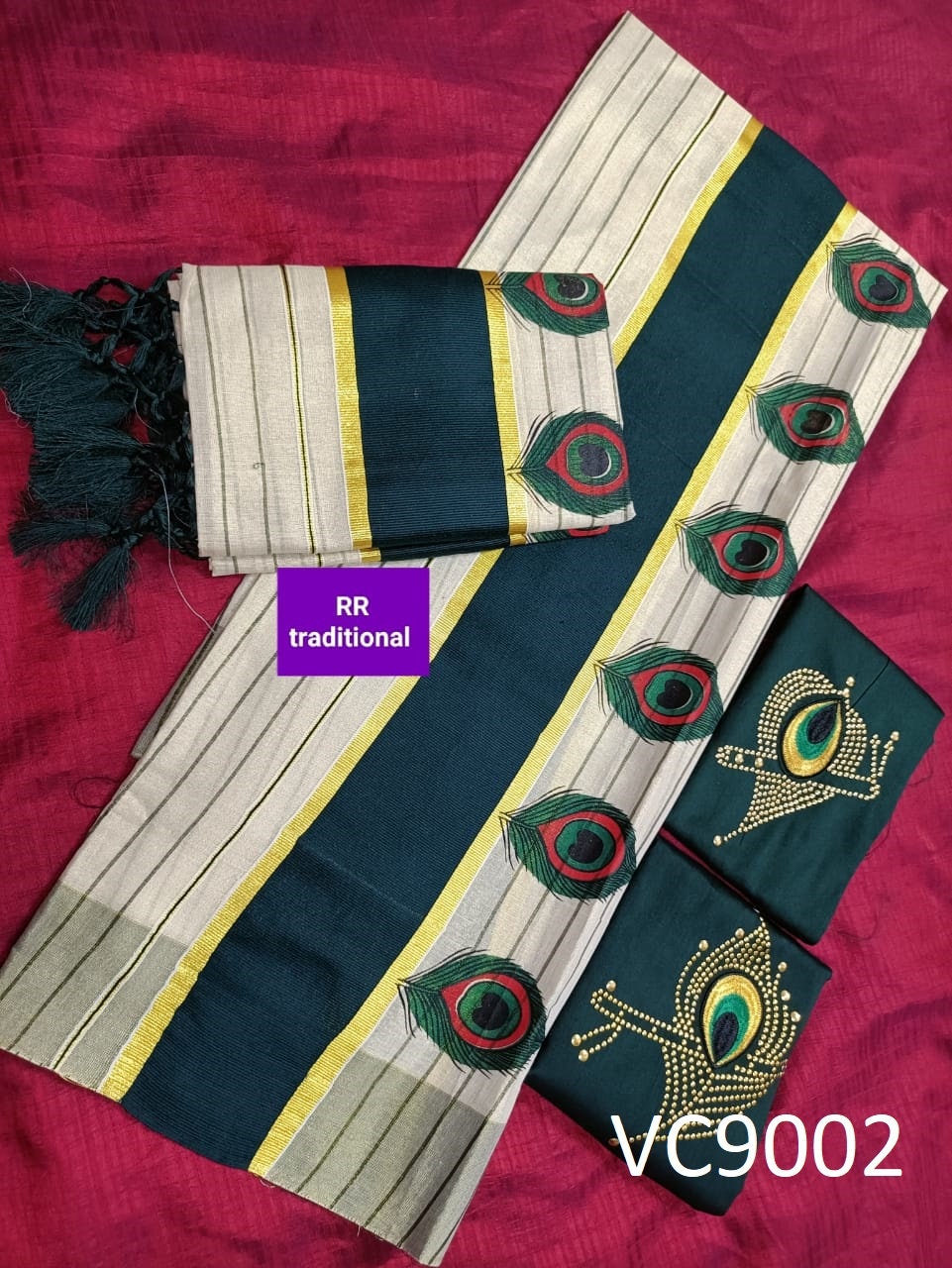 Kerala Special Tissue Color Full Line Peeli Printed Kunjalam Set mundu with Stitched Blouse/Non Stitched Material,Onam,Vishu,Pooja Wear