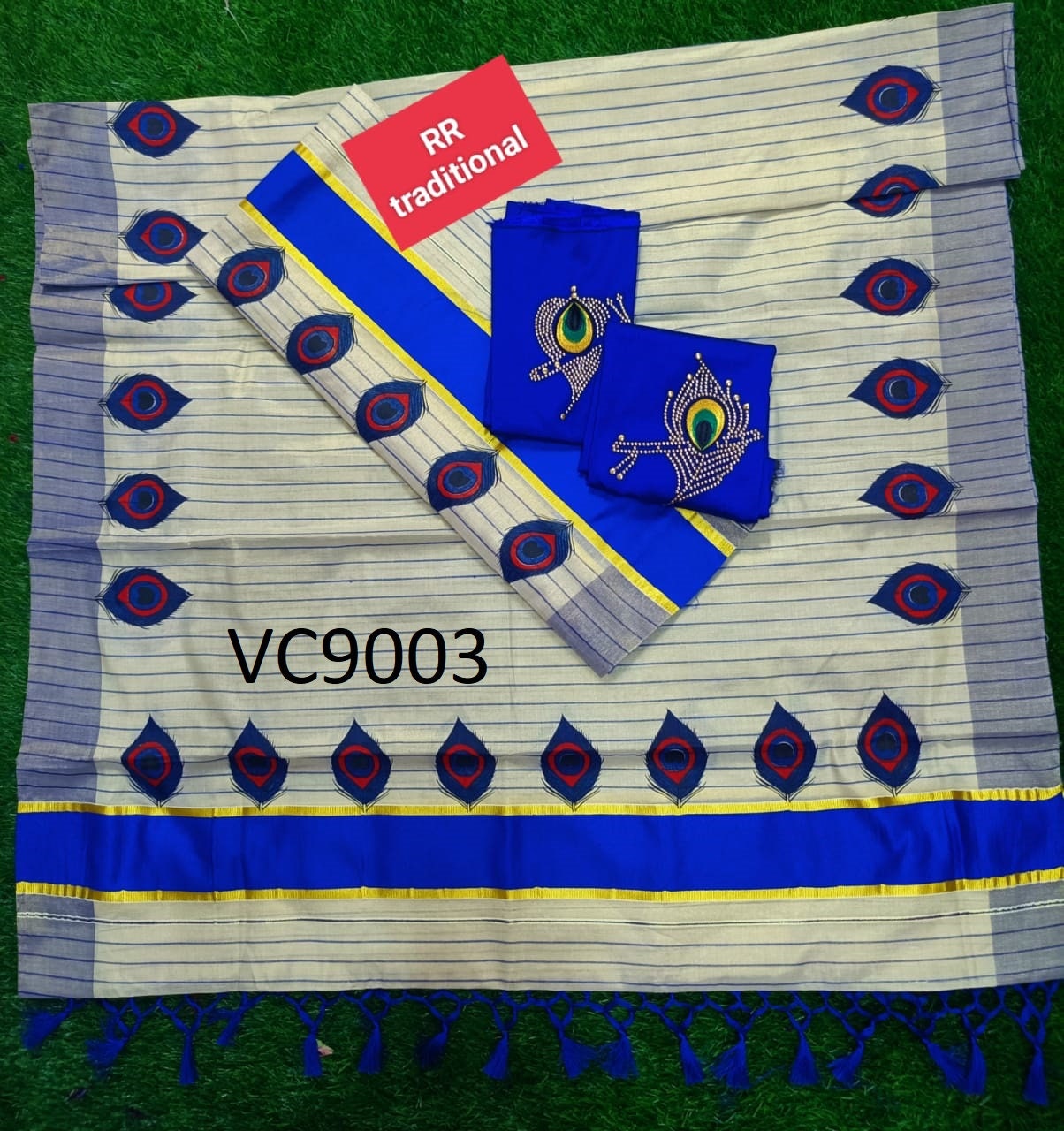 Kerala Special Tissue Color Full Line Peeli Printed Kunjalam Set mundu with Stitched Blouse/Non Stitched Material,Onam,Vishu,Pooja Wear
