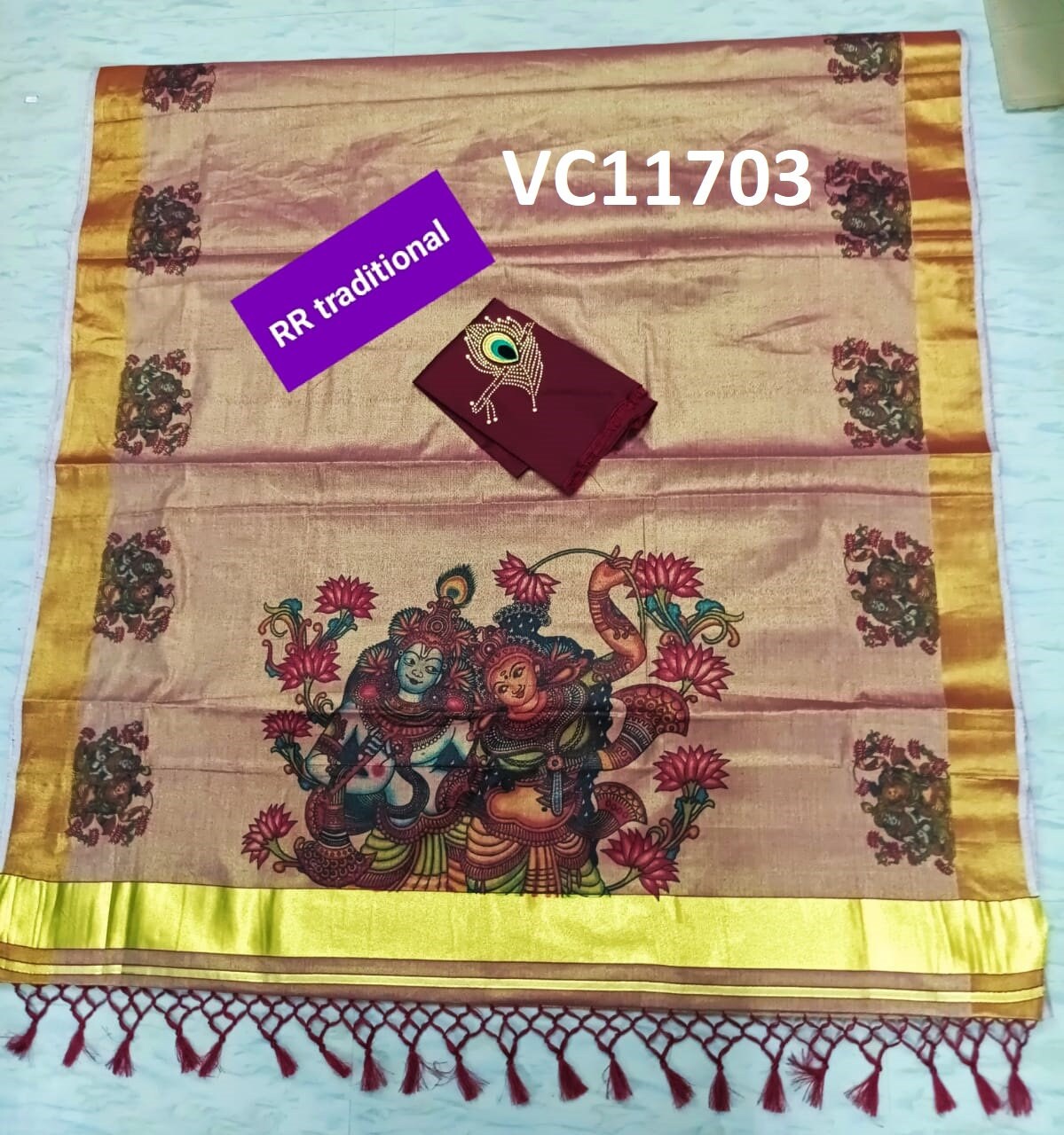 Kerala Special Color Tissue Mural Printed Kunjalam Saree 6.25 Mtr With Stitched Blouse/Non Stitched Material,Onam,Vishu,Pooja,Festival Wear