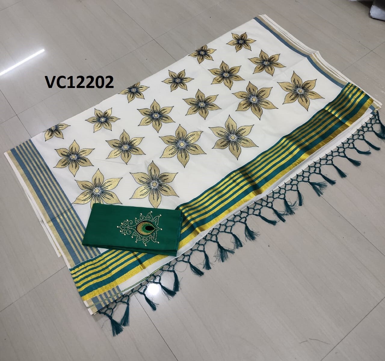 Kerala Special Cotton Embroidery Set Saree With Stitched Blouse,Blouse Material,Beautiful Kerala Designs,Onam,Vishu,Pooja,Festival Wear.