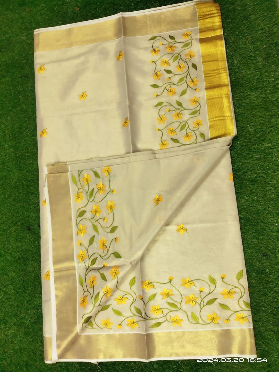 Kerala Embroidered Kanikkonna Golden Tissue Saree With Blouse material 6.25Mtr,Kerala Saree,Vishu Saree ,Onam Saree ,Handmade Designs,Pooja