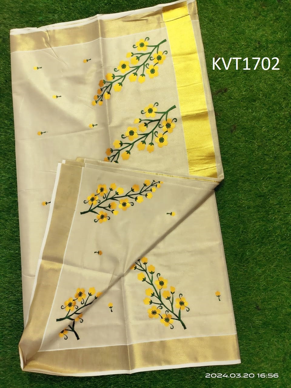 Kerala Embroidered Kanikkonna Golden Tissue Saree With Blouse material 6.25Mtr,Kerala Saree,Vishu Saree ,Onam Saree ,Handmade Designs,Pooja