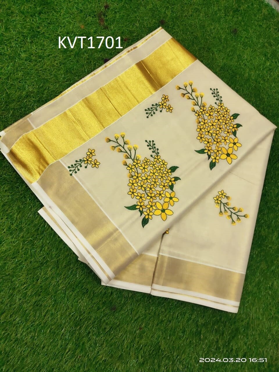 Kerala Embroidered Kanikkonna Golden Tissue Saree With Blouse material 6.25Mtr,Kerala Saree,Vishu Saree ,Onam Saree ,Handmade Designs,Pooja