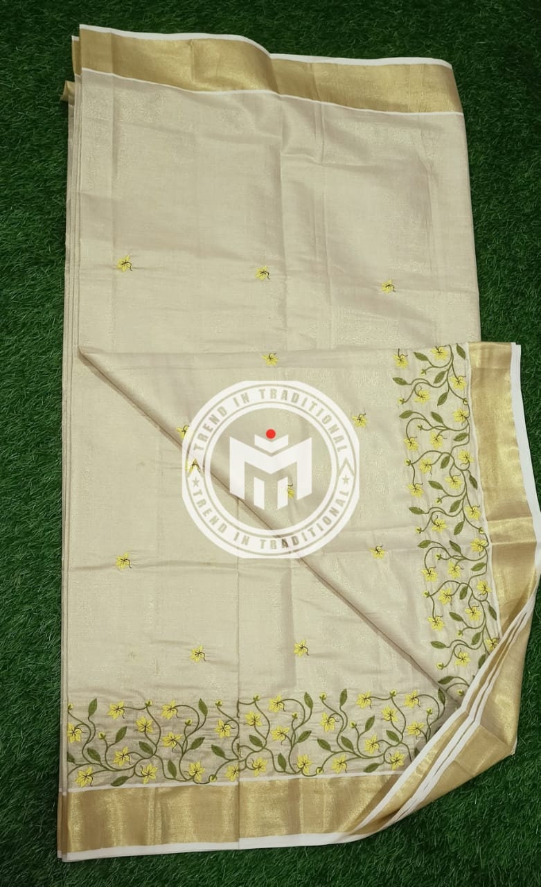 Kerala Vishu Special Kanikkonna Embroidery Work Golden Tissue Saree With Extra Polycotton Embroidery Work Blouse Material,Vishu,Onam Wear.