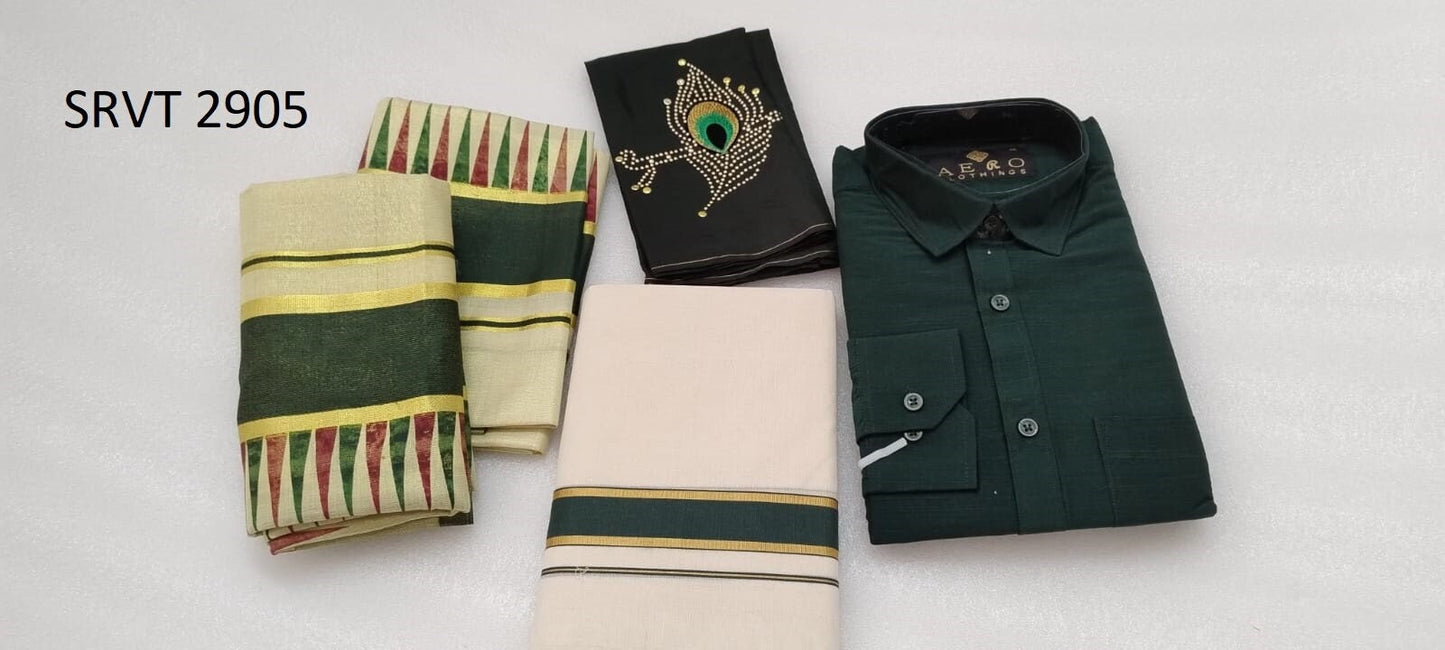 Golden Tissue Double color Temple print set mundu with Blouse material or ready to wear blouse and Shirt Dhoti Combo ,Kerala, Onam,Birthday