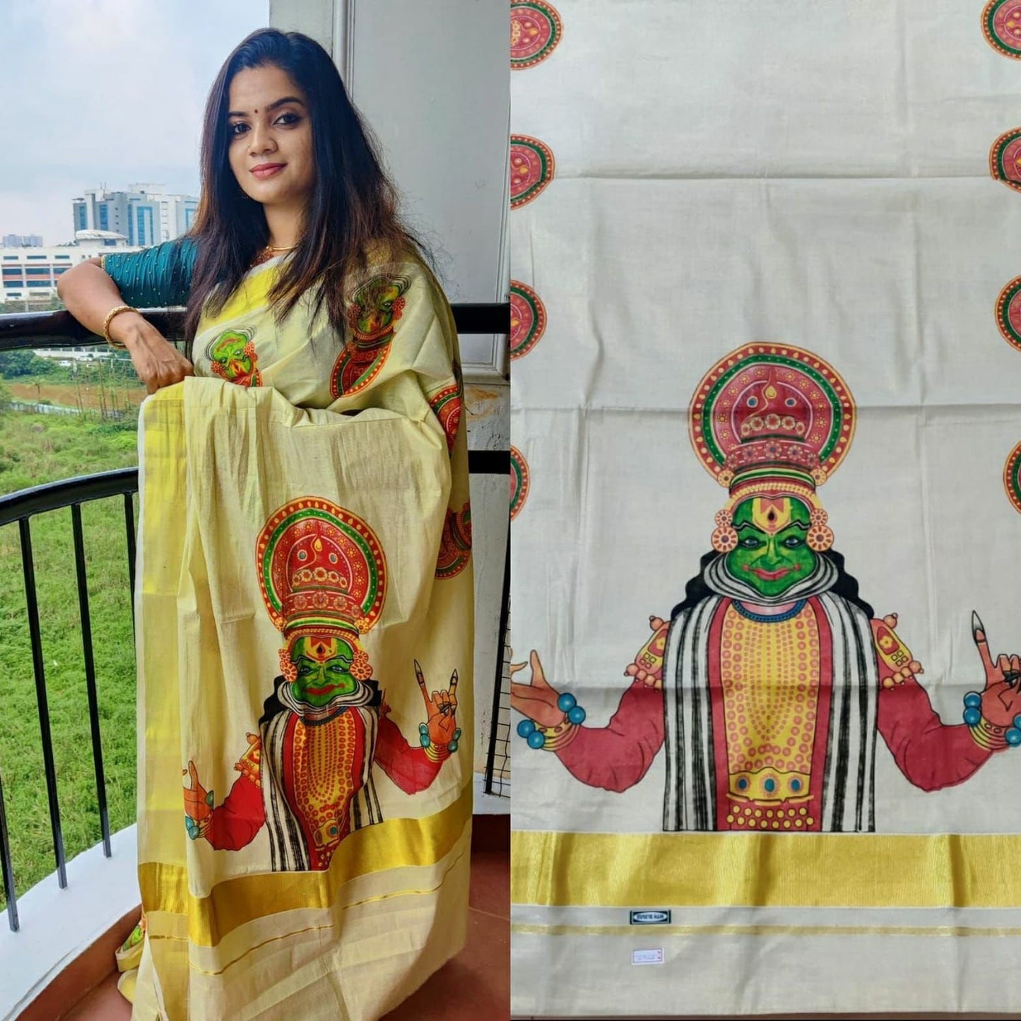 Kerala Big mural Kathakali golden tissue saree 6.25mtr,Kerala Saree,Vishu Saree,Traditional Onam Saree ,Handmade Designs,Pooja,Festivals
