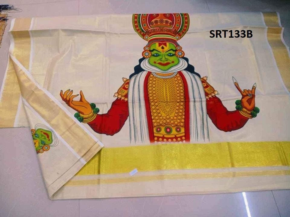 Kerala Big mural Kathakali golden tissue saree 6.25mtr,Kerala Saree,Vishu Saree,Traditional Onam Saree ,Handmade Designs,Pooja,Festivals