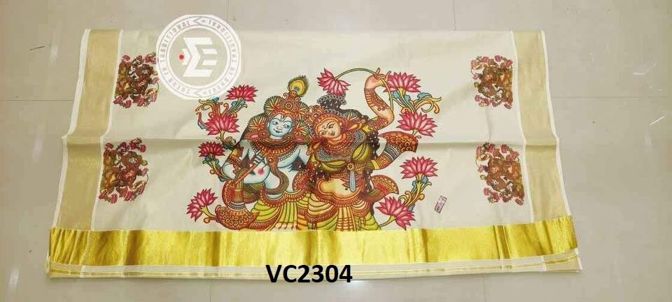 Kerala Golden Tissue Mural print Set Saree with Blouse Materiai,Indian traditional women clothing,Handmade designs,Onam,Vishu special