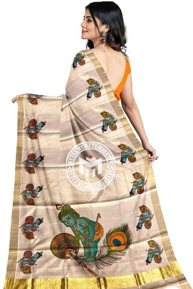Kerala Golden Tissue Mural print Set Saree with Blouse Materiai,Indian traditional women clothing,Handmade designs,Onam,Vishu special