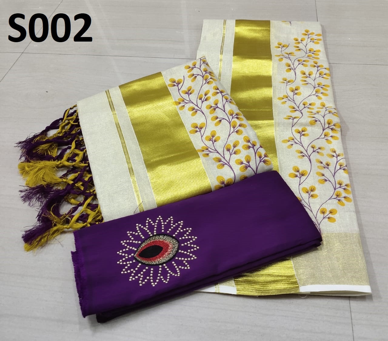 Kerala Kanikkonna Tissue Set Mundu with Ready to wear Blouse or Blouse Material With kunjanam Vishu Onam festival clothing Hand design
