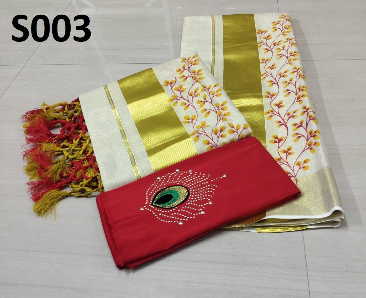 Kerala Kanikkonna Tissue Set Mundu with Ready to wear Blouse or Blouse Material With kunjanam Vishu Onam festival clothing Hand design