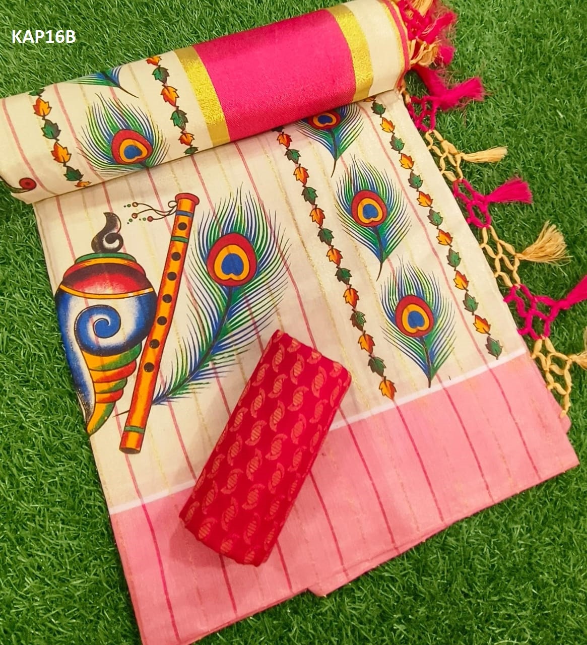 Kerala Mural printed Tissue kunjalam work saree with lines, with stitched blouse,Indian traditional women clothing,Handmade designs,Onam